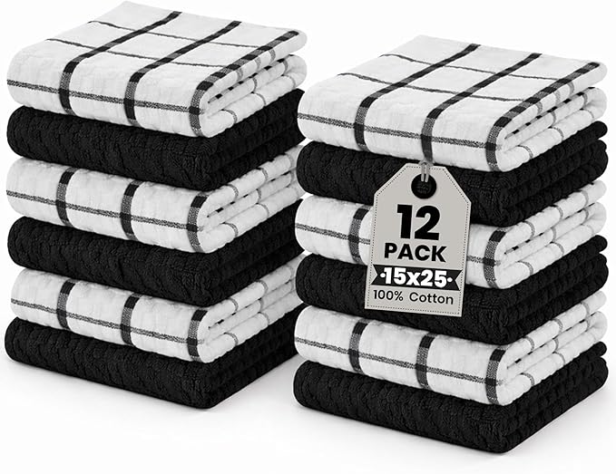 GOLD TEXTILES Kitchen Towels 12 Pack Premium 100% Cotton Dish Towels for Kitchen (15 x 25 Inches) Super Soft & Absorbent Kitchen Hand Towels for Drying Dishes, Cleaning - Reusable and Washable (Black)