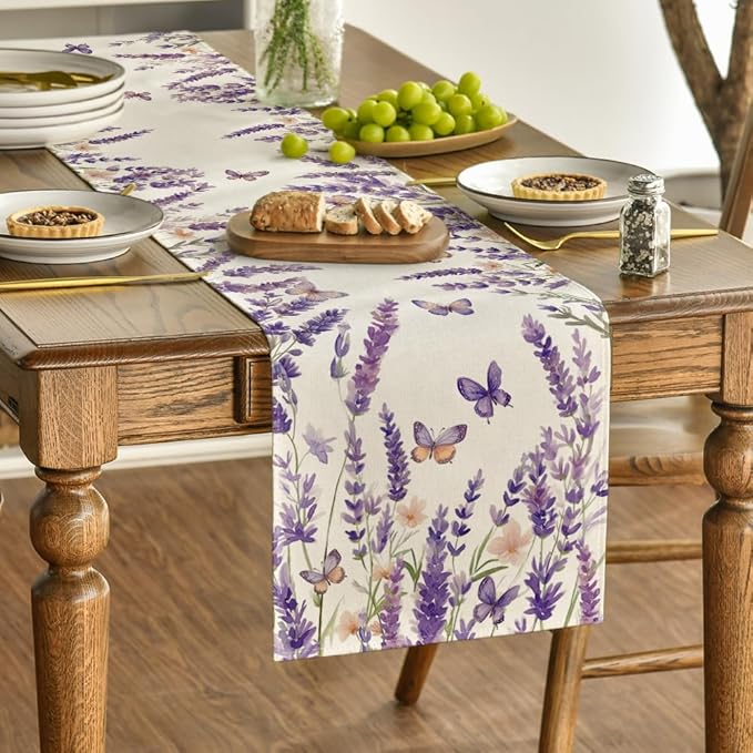 Artoid Mode Purple Lavender Floral Butterflies Spring Table Runner, Seasonal Summer Kitchen Dining Table Decoration for Home Party Decor 13x60 Inch