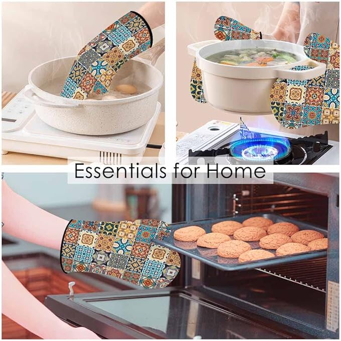 Retro Plaid Oven Mitts and Pot Holders Sets Traditional Ornate Portuguese Style Heat Resistant 3pcs for Cooking Baking BBQ