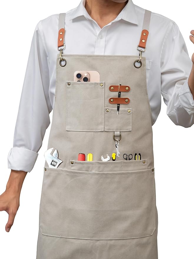 KITCHIEF Woodwork Aprons for Men,Tool Apron with loop and Pockets,Cross Back Heavy Duty Workshop Apron for Carpenter,Garden