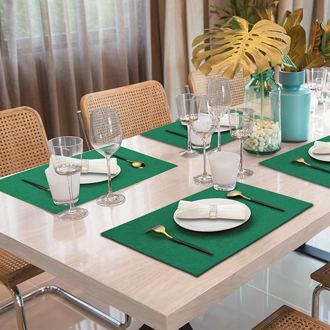 Cloth Placemats Set of 6, Cotton Linen Blend Machine Washable Double Layered Place Mats, Heat Resistant Placemats Wrinkle Free Thick Fabric Dining Table Mats for Indoors & Outdoors (Green, 6)