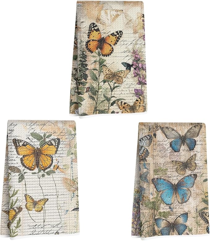3 Pcs Vintage Butterfly Kitchen Towels, Botanical Decorative Absorbent Microfiber Dish Cloth Tea Towel, Watercolor Waffle Soft Hand Towels for Farmhouse Home Bathroom, Butterfly Gifts