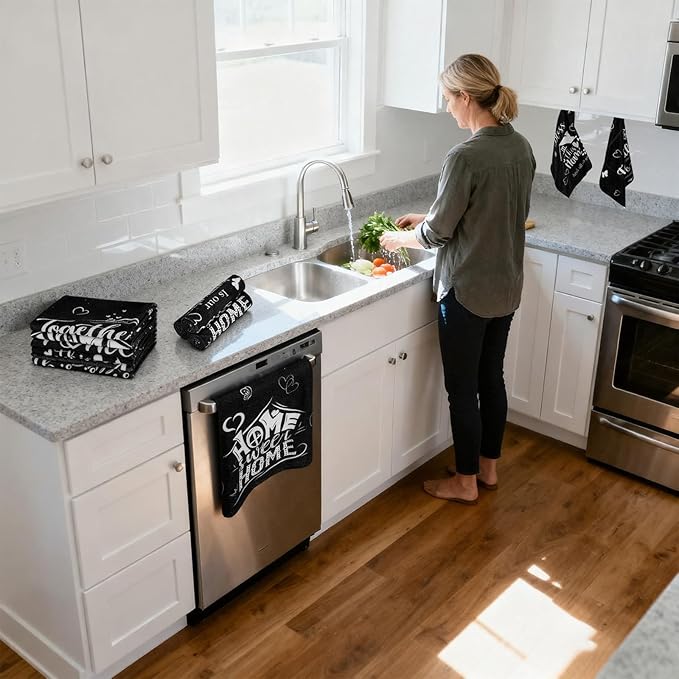 Breling Set of 6 Kitchen Towels Modern Minimalist Dish Towel Black Bathroom Decorative Farmhouse Cloths for Kitchen Bathroom Home Cooking Housewarming Gifts, 14 x 21 Inch