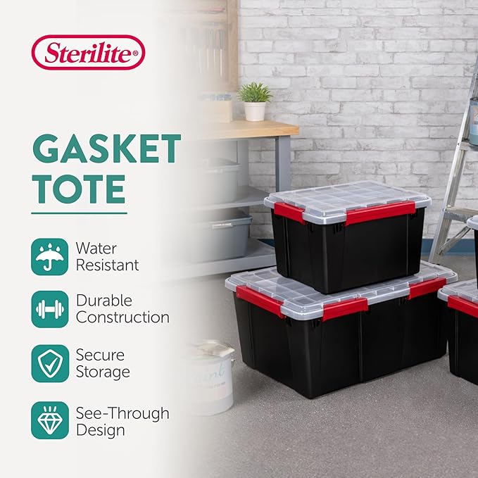 Sterilite 8 Pack Gasket Box, Stackable Plastic 8.5 Gallon Storage Container with Lids, Black - Waterproof and Dustproof Tote for Home Organization