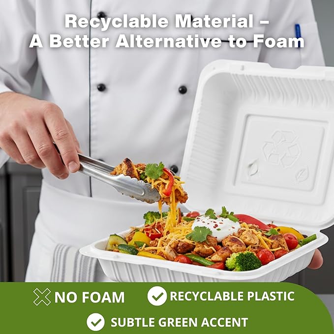 Hinged Take-Out Containers 9″ x 9″ BPA Free, Clamshell To Go Boxes Recyclable, Microwave & Freezer Safe Food Storage Boxes for Restaurants, Catering - Cake Slice Container - White