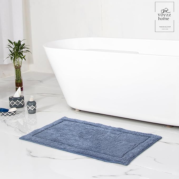 voyzz home Luxurious 100% Cotton Bathroom Rug Mats - Featuring Ultra-Soft Plushness, Non-Slip Design, Thickness, and Washability. Enhancing Home Decor, Bath Mat Measuring 20"x32" Plain Blue.…