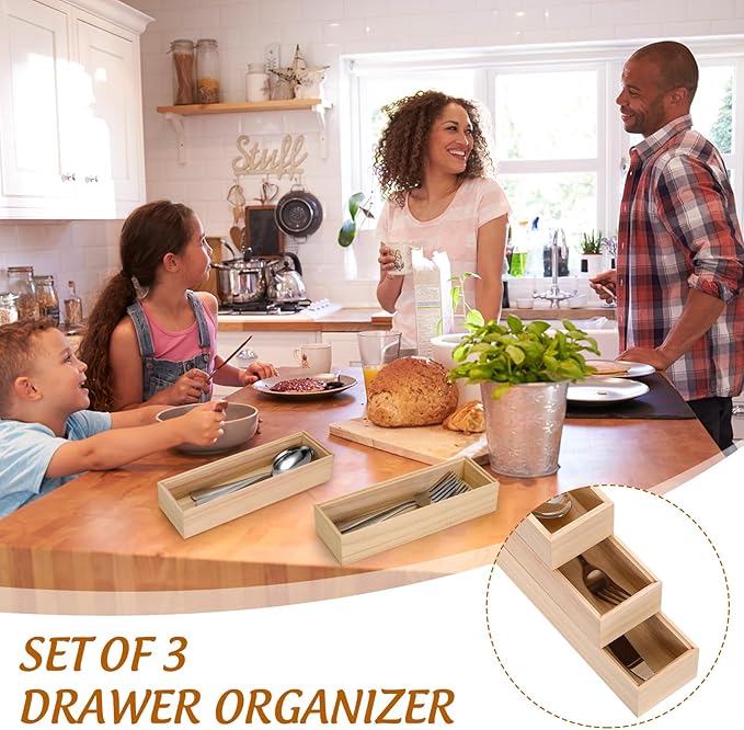 Baderke 3 Pcs Bamboo Drawer Organizer 10 x 3 x 2'' Kitchen Silverware Organizer Tray Long Stackable Storage Box Wooden Utensil Holder with Silverware Set for Kitchen Bathroom Cabinet(Natural)