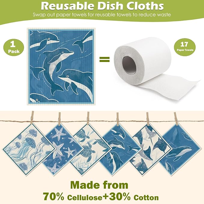 6 Packs Swedish Paper Cloths for Kitchen, Reusable Paper Towels Washable Dish Rags, Highly Absorbent Kitchen Towels Quick Drying Swedish Sponge Cleaning Dish Cloths(Deep Blue Sea Creatures)
