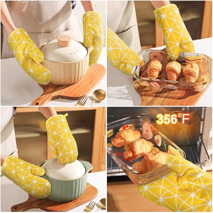 AUAUY Oven Mitts and Potholders BBQ Gloves-Oven Mitts and Pot Holders with Recycled Infill Silicone Non-Slip Cooking Gloves for Cooking Baking Grilling (6-Piece Set,Yellow)