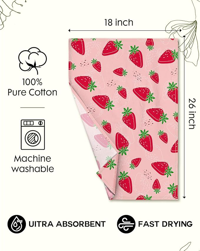 Miss Adola Flour Sack Kitchen Towels Set of 2-18x26 Cotton Dish Towels with Hanging Loop Reusable Tea Towel for Cleaning Spring Absorbent Dishcloths Cute Home Decor Housewarming, Line Strawberry
