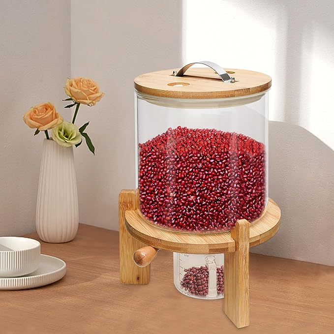5L Cereal Dispenser, Bamboo Grain Storage Barrel with Sealed Lid and Wooden Stand, Cereal Container for Pantry Organization and Storage (5L)