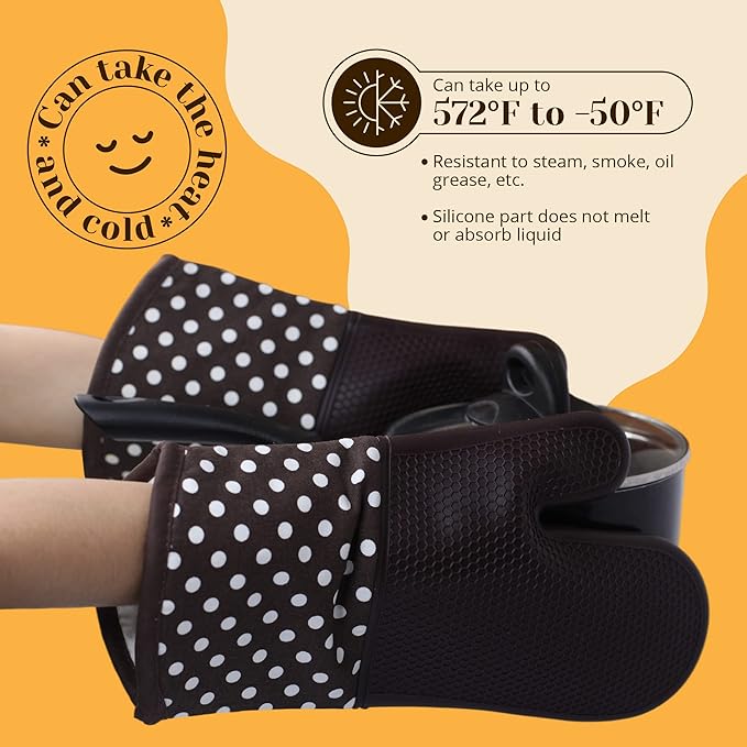 Amruta Pair of Silicone Shell Oven Mitts, 2 Pieces Heavy Duty Baking Kitchen Mitts for BBQ Microwave Stove, Heat-Resistant up to 500F, Oven Glove with Silicone Textured Grip (13 x 7.5 in, Coffee)