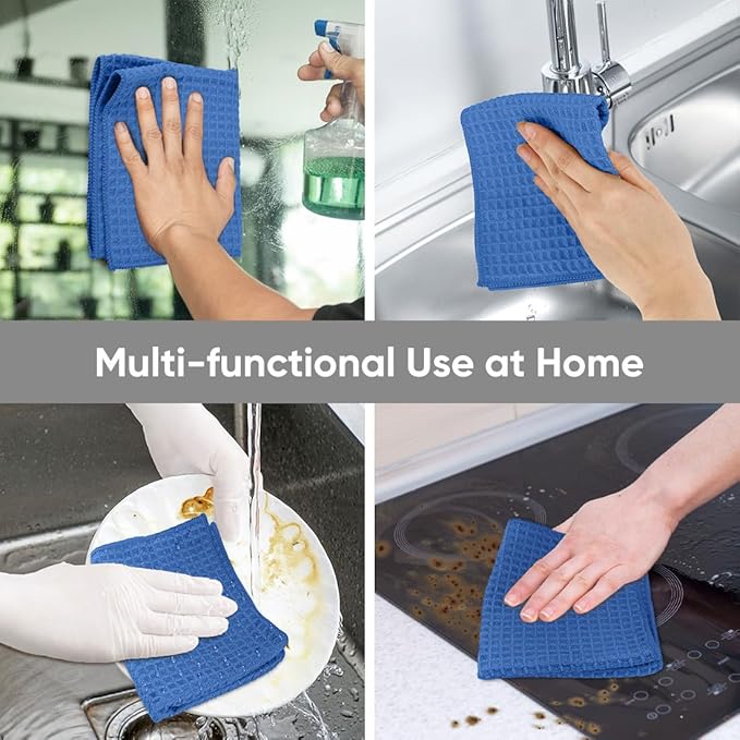 HOMEXCEL Waffle Weave Microfiber Towel, 10 Pack Lint Free Cleaning Rags, 12 x 12 Inches Barista Towels, Reusable Microfiber Cleaning Cloth for Household, Kitchen, Glass and Window, Blue