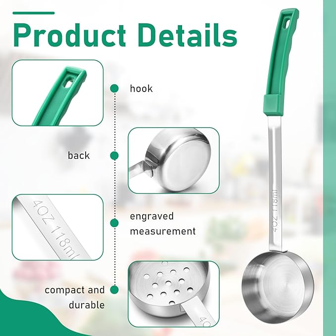 Teenyyou 8 Pcs Portion Control Serving Spoons Portion Scoops Cups Solid and Slotted Stainless Steel Ladle Spoon for Food, Serving Utensils Set for Parties(Green,4 oz)