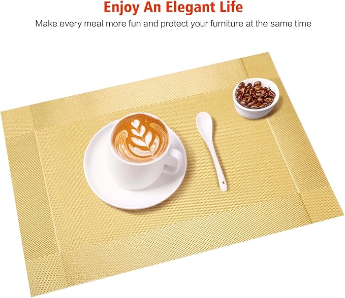 Placemats Set of 4,Washable,Heat and Stain Resistant Indoor/Outdoor Place mats,Vinyl Woven Non Slip Table Mats for Restaurant Table Protection,PVC Placemats(Gold 4PCS)