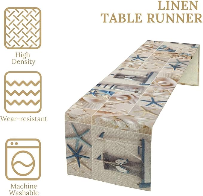 Nautical Table Runner Coastal Lighthouse Starfish Collage Plaid Art Printed Runner for Home Kitchen Dining Table Living Room Decor Fabric 1 Panel W13xL60in