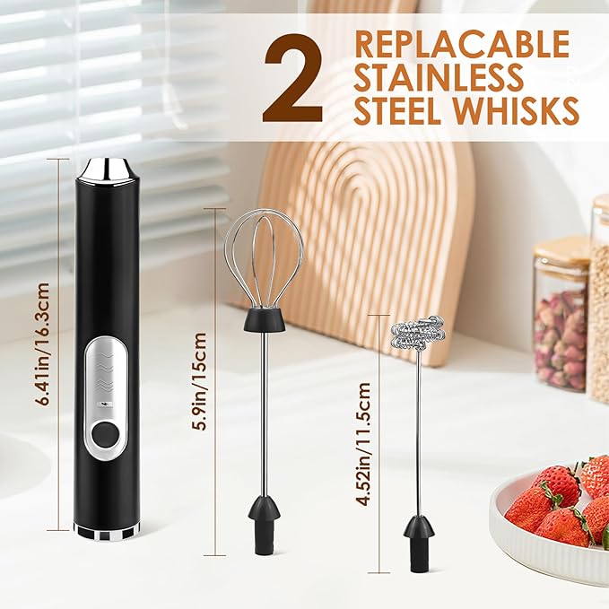Handheld Milk Frother, rechargeable milk frother with 2 Stainless Steel Whisks 3 Speeds Electric Drink Mixer, Coffee Mixer Wand for Latte, Cappuccino, Matcha, Hot Chocolate, Egg (Black)