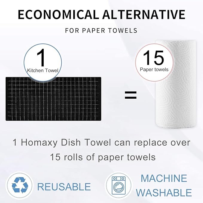 Homaxy 100% Cotton Terry Kitchen Towels(Black, 13 x 28 inches), Checkered Designed, Soft and Super Absorbent Dish Towels, 18 Pack
