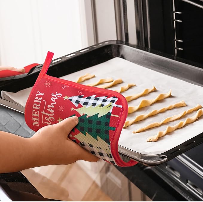Bencailor 12 Pcs Pot Holders with Pocket Kitchen Hot Potholders Hot Pad Oven Mitts Cookie Bag Oven Gloves for Kitchen Gift Baking Cooking(Red and White,Novelty)