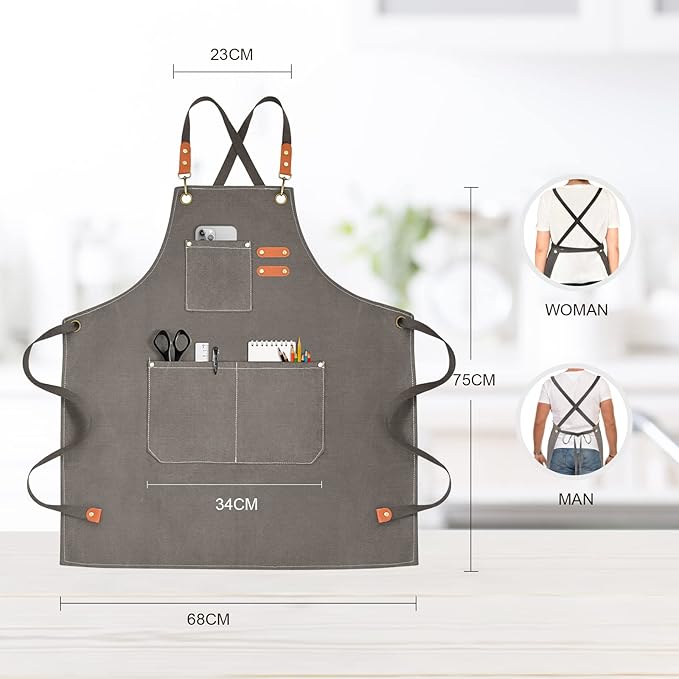 OUNLEN Chef Apron for Men Women Canvas Aprons with 3 Pockets Cross Back Resistant Work Apron for Cooking
