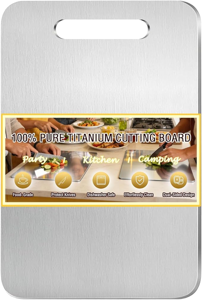 100% Pure Titanium Cutting Board, Titanium Cutting Boards for Kitchen Dishwasher Safe, Food-Grade Metal Meat Chopping Board Mat for Cooking Tasks and Outdoor Charcuterie Party (L, 13.38”×9.25”)