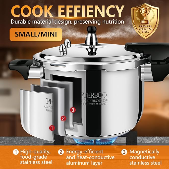 Small Stainless Steel Pressure Cooker 3Quart Mini Size, Ideal for Side Dishes, Grains & Camping,2-2.5Quart Compact Design, Fast & Safe for Small Families 3qt+