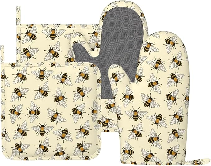 Happy Busy Bees Oven Mitts and Pot Holders Sets Silicone Bees Kitchen Mitts Bee Potholders Heat Resistant 4Pcs Oven Gloves Hot Pads for Kitchen Baking Cooking BBQ Grilling