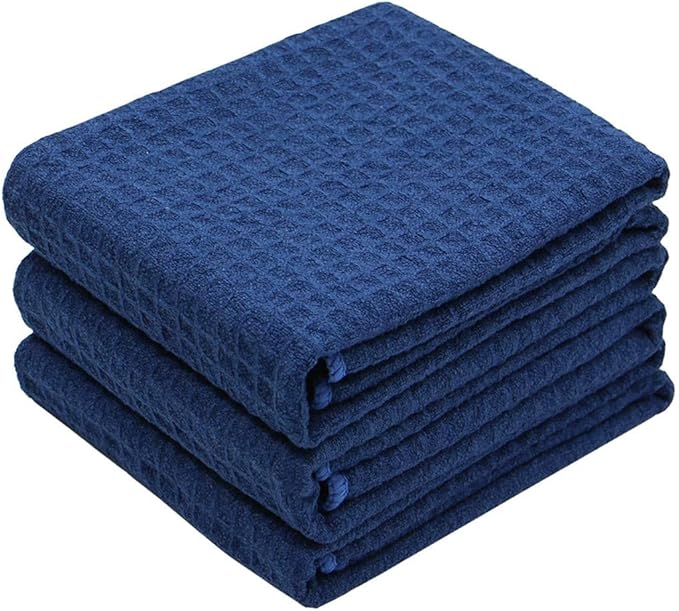 Waffle Weave Kitchen Towels - Thick Microfiber Absorbent Tea & Dish Drying Towels - Lint Free - 16Inch x 24Inch - 3 Pack Navy Blue