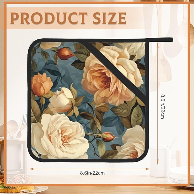 2 Pack Vintage Roses Floral Pot Holders for Kitchen Heat Resistant, Potholders for Kitchens Washable for Cooking & Baking & Microwave
