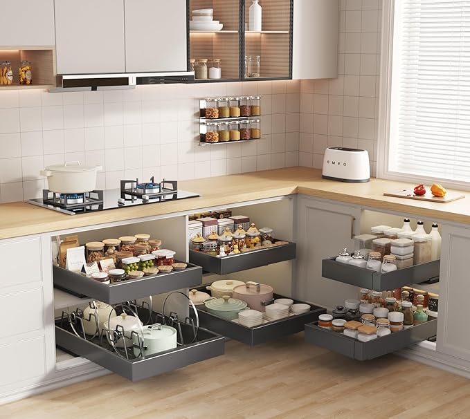 Seinloes 4 Pack Pull Out Cabinet Organizer 21" Deep with Raising Pad for Framed Cabinets, Expandable (9"-14" W) Slide Out Drawers for Kitchen Cabinets with 4pcs Divider Racks, Roll Out Shelves, Black
