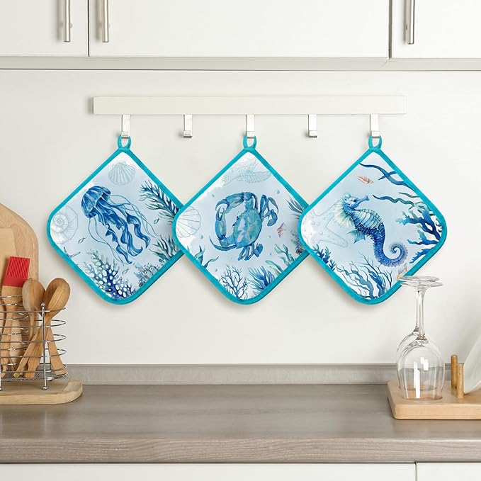 Bencailor 12 Pcs Pot Holders with Pocket Kitchen Hot Potholders Hot Pad Oven Mitts Cookie Bag Oven Gloves for Kitchen Gift Baking Cooking(Blue,Marine Animal)