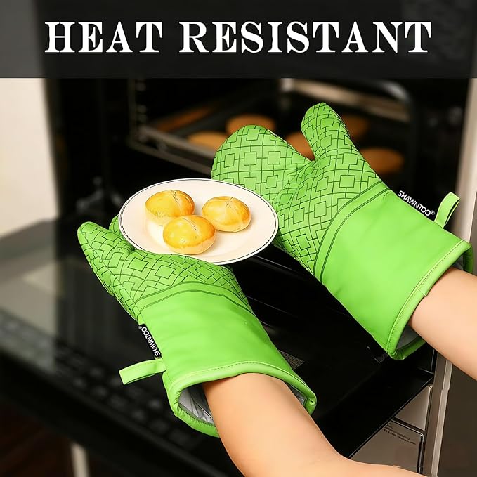 Oven Mitts and Pot Holders Sets 6pcs, Kitchen Oven Glove,High Heat Resistant 550 Degree Extra Long Oven Mitts and Potholders with Non-Slip Silicone Surface for Home Essentials (Grey) (Meadow Green)