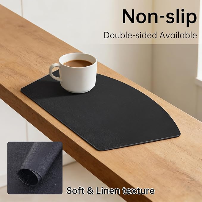 Round Table Placemats Set of 4, Dual-Sided Wedge Shape Faux Leather Table Mats, Washable Wipeable Heat Resistant Place Mats for Outdoor Indoor, Black