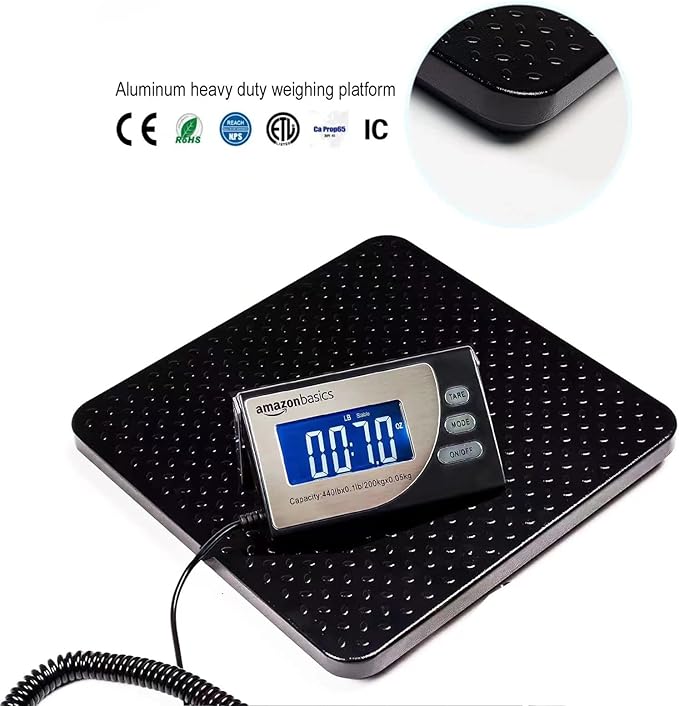 Amazon Basics Digital Postal Scale with Tare Function, Heavy Duty, Aluminium Platform, 440 lb Capacity, Digital Shipping, Portable, Black
