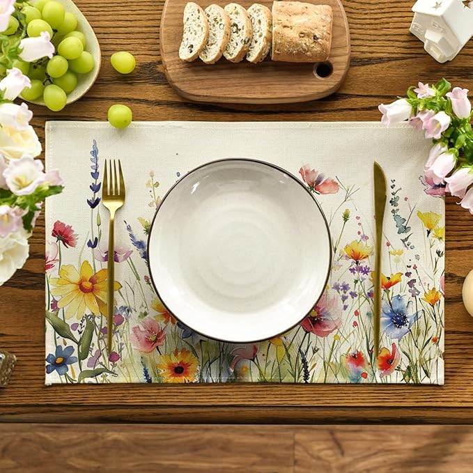 Artoid Mode Daisy Lavender Floral Leaves Spring Placemats Set of 4,12x18 Inch Seasonal Spring Table Mats for Party Kitchen Dining Decoration