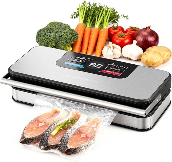 95kPa Powerful Vacuum Sealer for Food, Fully Automatic 10-in-1 Vacuum Sealer Machine with Easy Handle, Built-in Cutter & Roll Storage, Digital Countdown Display, Premium Stainless Steel Design