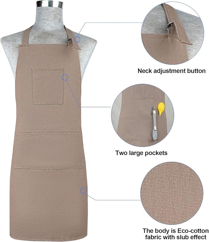 Oven Mitts and Pot Holders with Cooking Apron Set of 5, Heat Resistant Kitchen Gloves and Silicone Non-Slip Potholders, Adjustable Neck Buckle Chef Apron, Cotton Nice Design for Cooking (Coffee)