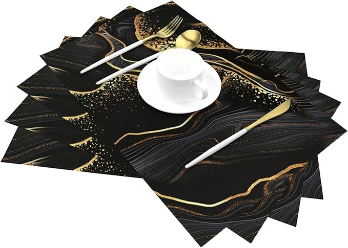 Black Gold Marble Texture Placemats Set of 4, Black Table Mats, Heat Resistant Washable Linen Place Mats for Kitchen Dining Table Farmhouse 12"x18", Black Gold Kitchen Decor
