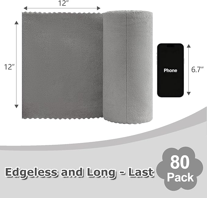 Jessy Home 80 Pack Reusable Paper Towels Grey Microfiber Cleaning Cloth Roll 12"x12" Microfiber Towels for Cars, Tear Away Cloth, Lint Free Rags for House, Kitchen,Window,Cleaning Supplies
