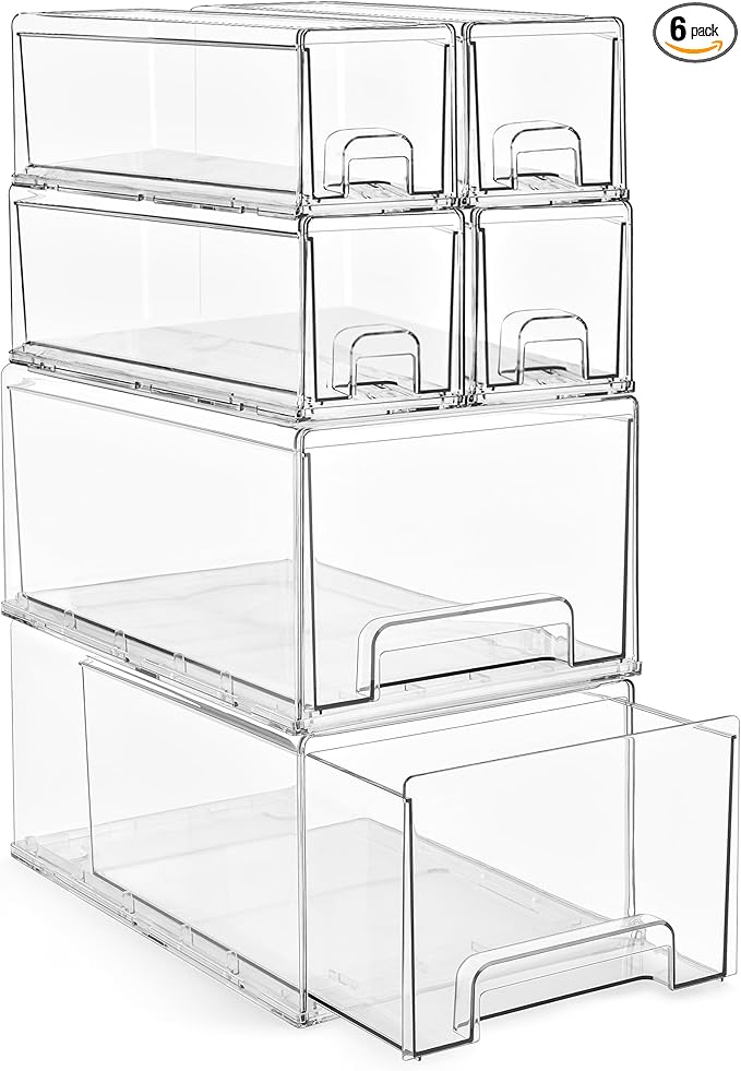 Sorbus 2 Large & 4 Small Clear Stackable Storage Drawers – Plastic Organizer Bins with Handles – Stackable Pull-Out Storage Drawers for Closet, Pantry, Office, Bathroom, Craft, and Toy Organization