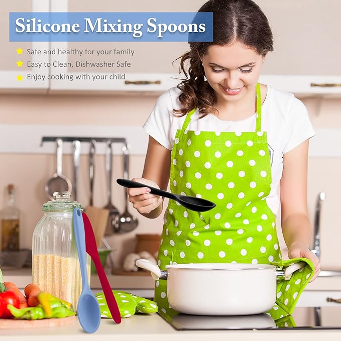 Shappy 4 Pieces Silicone Cooking Spoons 10.6 Inch Heat Resistant Kitchen Spoons for Mixing, Serving and Stirring Upgrade Large Non Stick Basting Utensils, Dishwasher Safe(Spoon,Fashionable Color)