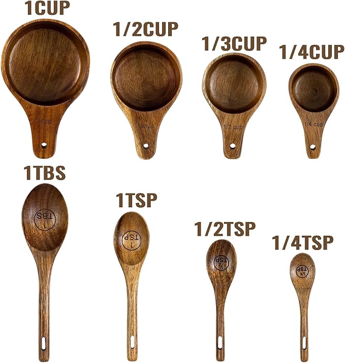 Wooden Measuring Cups and Spoons Set - Eco-Friendly Solid Acacia Wood, Laser Engraved Measurements, Perfect for Baking & Cooking - Ideal for Bakers, Chefs & Home Cooks（brown）
