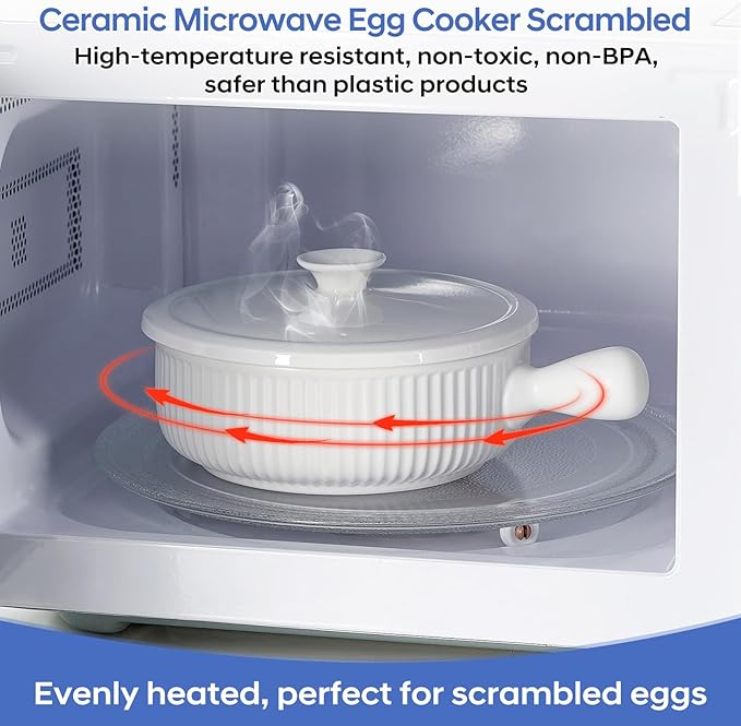 EliteVibe Ceramic Microwave Egg Cooker Scrambled with Lid, BPA-Free Non-Stick Non-Toxic & Heat-Resistant Quick Cooking Egg Maker, Dishwasher Safe, Holds Up to 3 Eggs（White）