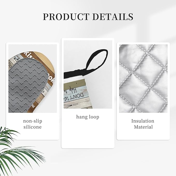 Kitchen Rules Oven Mitts and Pot Holders 3PCS, Funny Kitchen Rules Oven Mitts Farmhouse Silicone Non-Slip Gloves, Heat Resistant Gloves with Hanging Loop for Cooking Baking Grilling