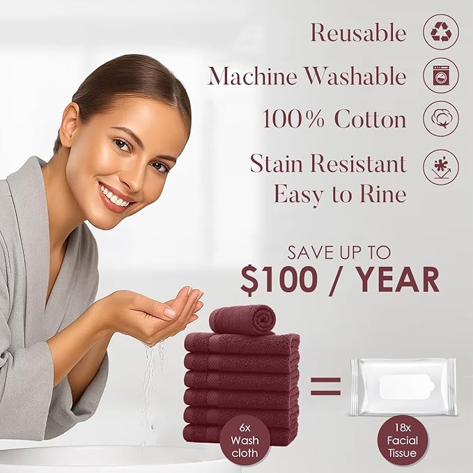 DAN RIVER 12-Pack Premium 100% Cotton Pomegranate Face Towels for Bathroom - Reusable Face Wash Cloths for Showering 12x12 Inches - 550 GSM Super Soft & Absorbent Luxury WashCloths for Body, Spa & Gym