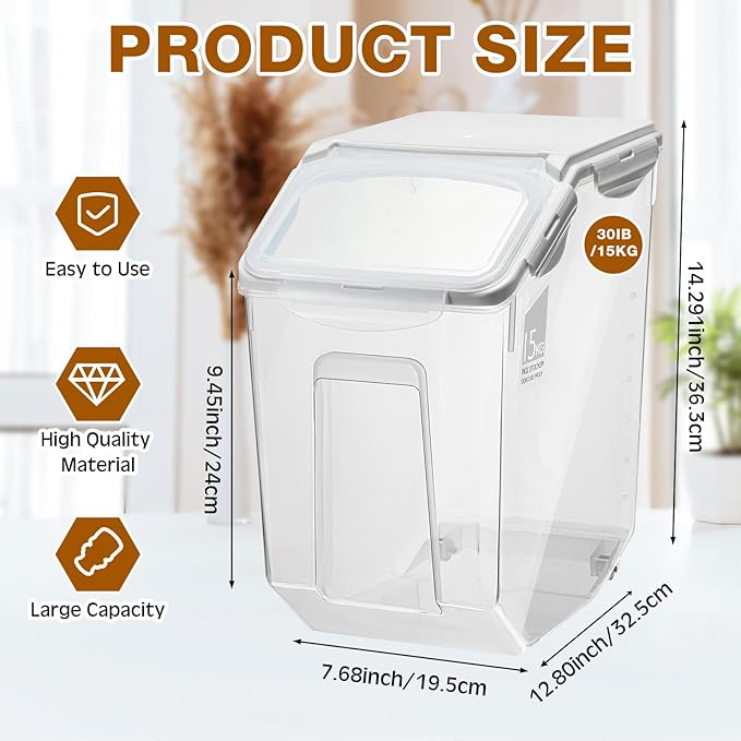Umigy 4 Pack Rice Storage Container With Wheels Plastic Airtight Lid Flour Container Bin for Dog Pet Cereal Grain Dry Food, 15 Liter / 30 lbs