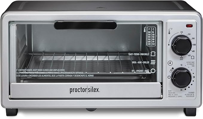 Proctor Silex 4 Slice Countertop Toaster Oven, Multi-Function with Bake, Toast and Broiler, 1100 Watts, 30 min timer and auto-shutoff, Includes Backing Pan and Rack, Black and Silver (31260)
