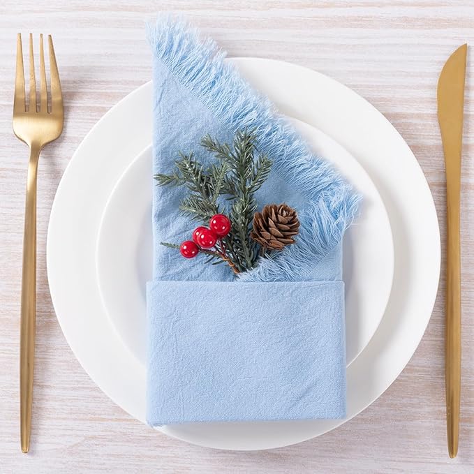 DeZerlor 6 Pack Baby Blue Cotton Linen Napkins with Fringe Spring Cloth Napkins Set of 6 Boho Handmade Dinner Napkins Bulk for Wedding Bridal Baby Shower Parties, 17 x 17 Inches