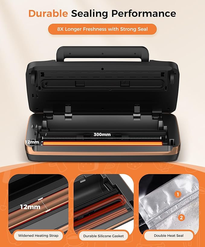 Vacuum Sealer Machine, 95KPa Commercial Food Saver with Double Seal Strips for 2X Strength, Built-in Cutter & Bag Storage, Easy-Lock Handle, Includes 1 Roll & 10 Pre-cut Bags, Black