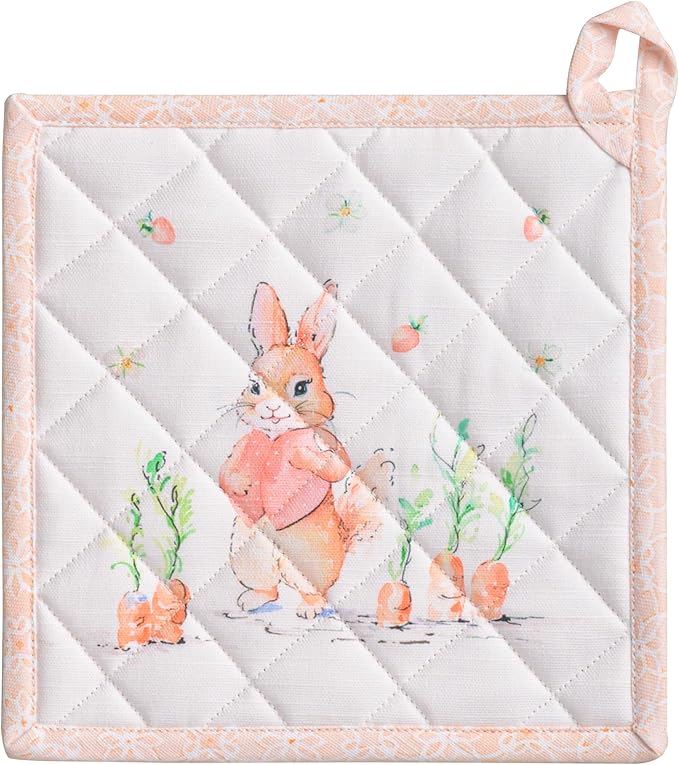 Maison d' Hermine Pot Holders 100% Cotton Heat Resistant Potholders 8" x 8" Hot Pads with Loop BBQ Cooking Baking Gifts for Mothers Day Handling Hot Pans Spring/Summer (Pack of 1, Bunny Party)